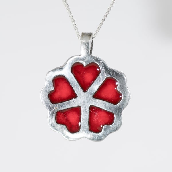 Enamelled Hearts Flower Pendant, Silver Hearts necklace