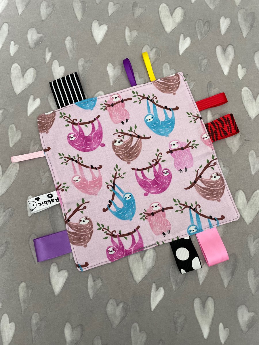 Handmade pink sloth taggy taggie comfort blanket 
