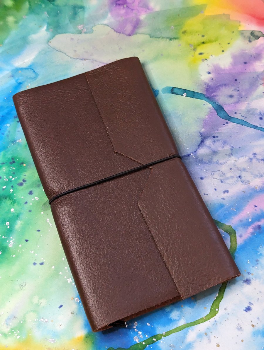 Brown Recycled Leather Midori Refillable Notebook H5 A5 Slim - wraparound design