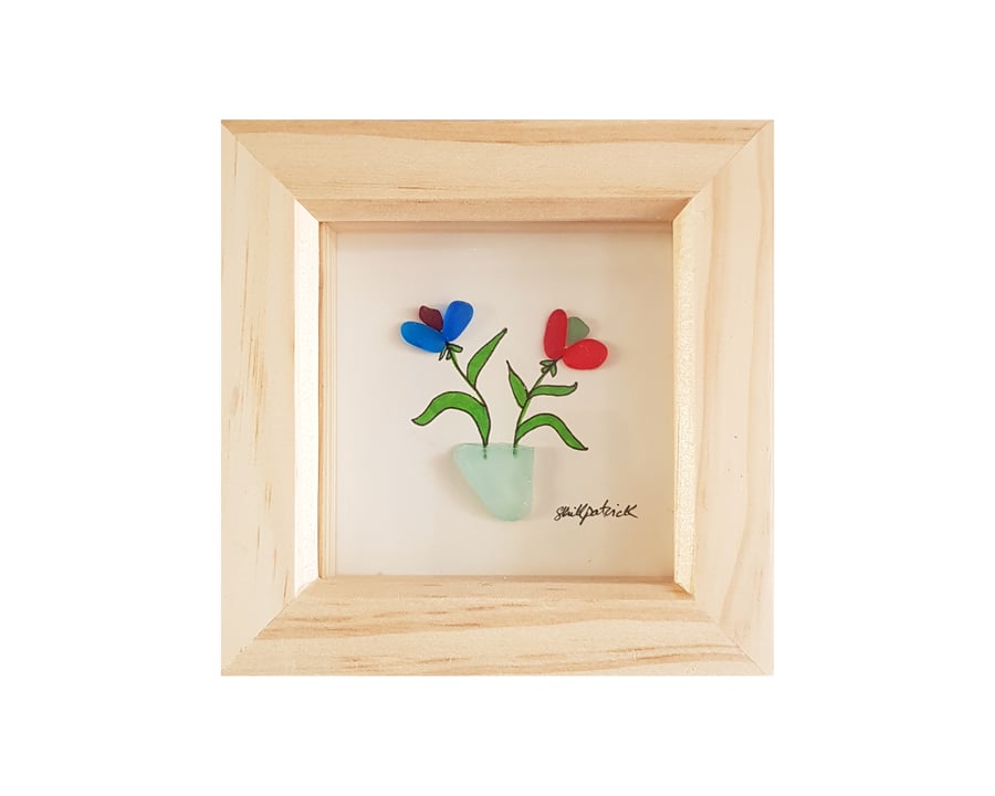 Mini Flowers - Sea Glass Picture - Framed Unique Handmade Art