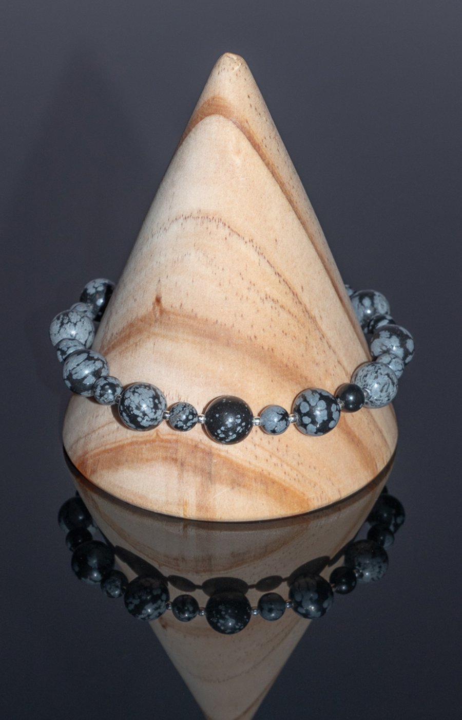 Bracelet Snowflake Obsidian and Sterling Silver Stretchy handmade