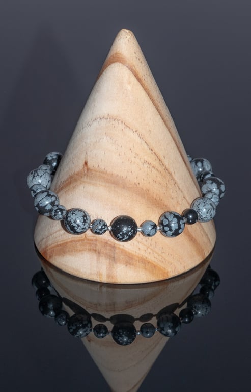 Bracelet Snowflake Obsidian and Sterling Silver Stretchy handmade