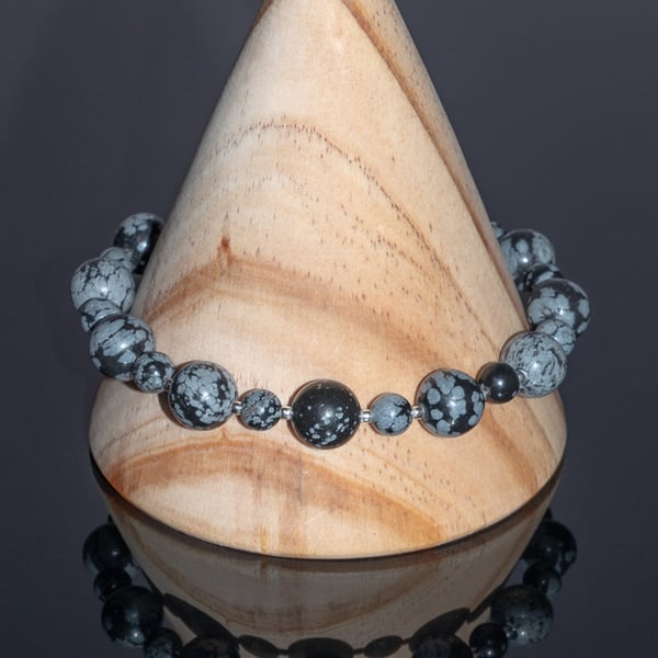 Bracelet Snowflake Obsidian and Sterling Silver Stretchy handmade