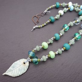 green ceramic leaf, lampwork glass beaded necklace