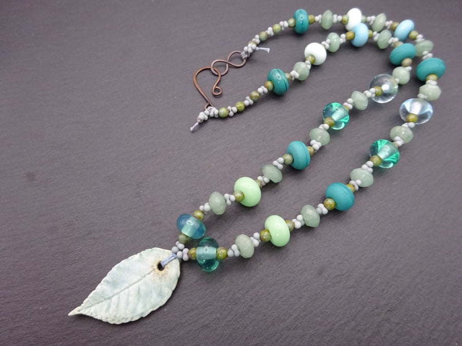 green ceramic leaf, lampwork glass beaded necklace
