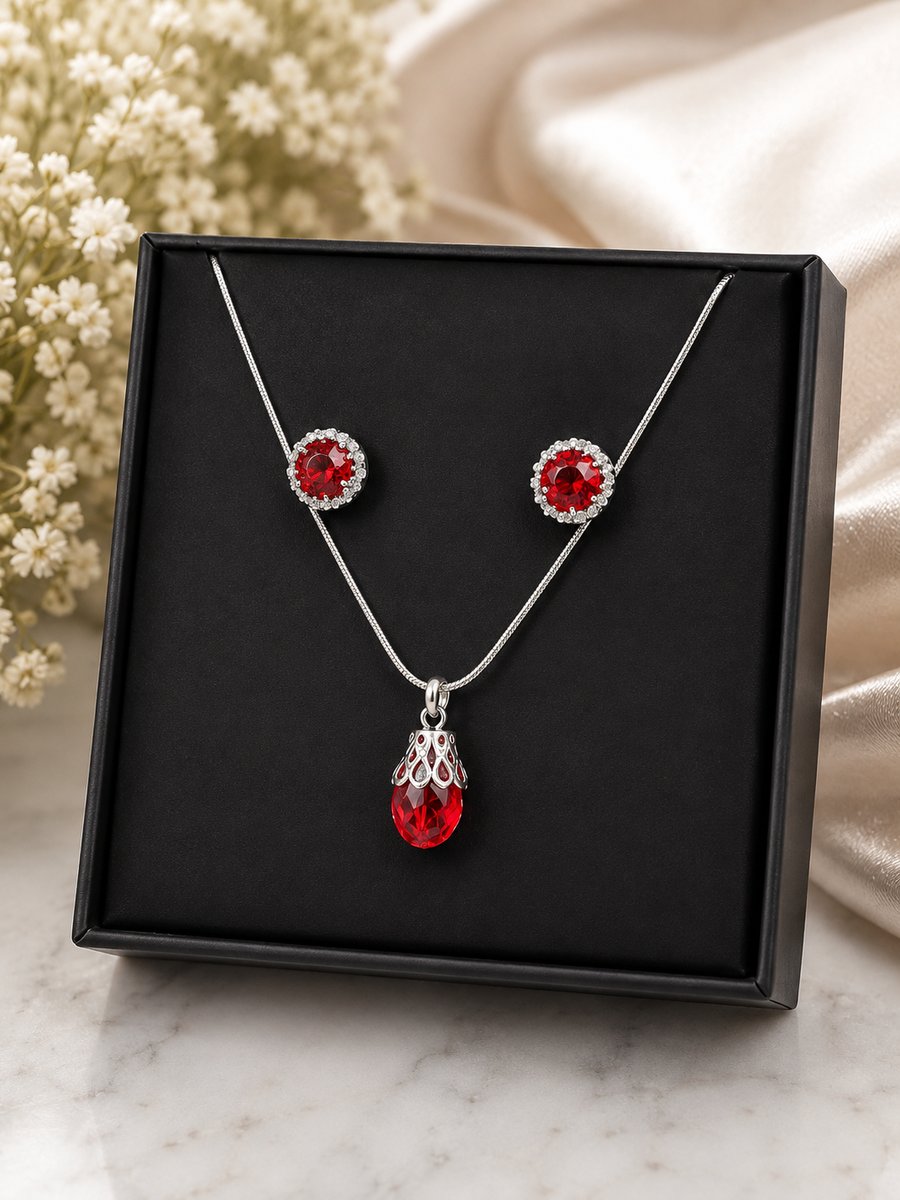 Handmade Red Crystal Necklace & Stud Earrings Gift Set Silver Plated