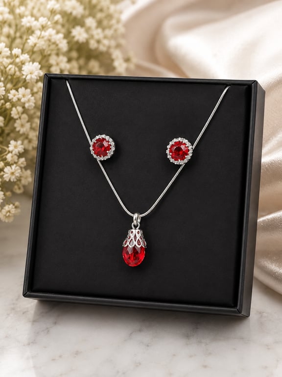 Handmade Red Crystal Necklace & Stud Earrings Gift Set Silver Plated