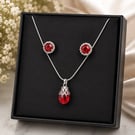 Handmade Red Crystal Necklace & Stud Earrings Gift Set Silver Plated