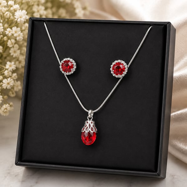 Handmade Red Crystal Necklace & Stud Earrings Gift Set Silver Plated