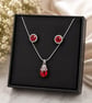 Handmade Red Crystal Necklace & Stud Earrings Gift Set Silver Plated