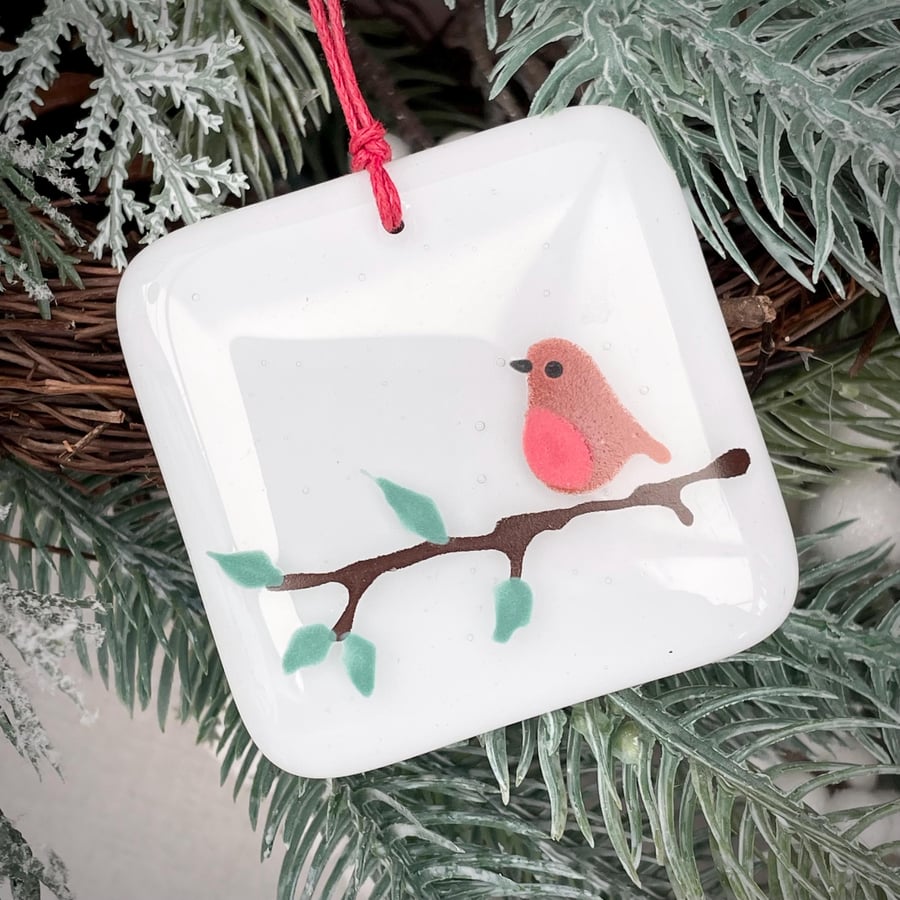 Snowy branch robin - Christmas tree decoration - white