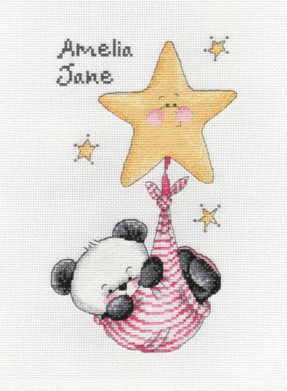 Party Paws Bamboo's baby girl swinging on a star - girl cross stitch kit