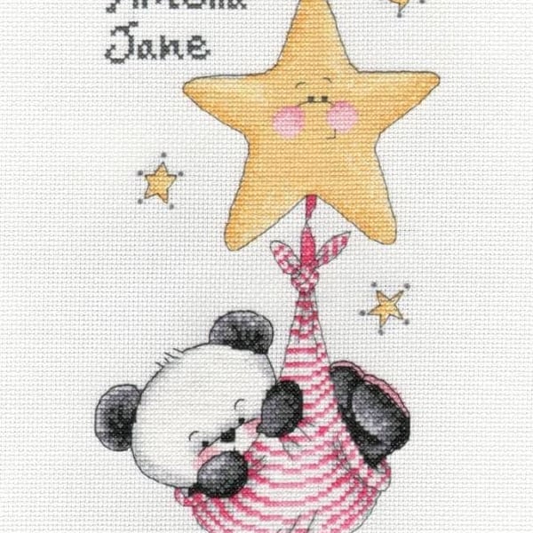 Party Paws Bamboo's baby girl swinging on a star - girl cross stitch kit