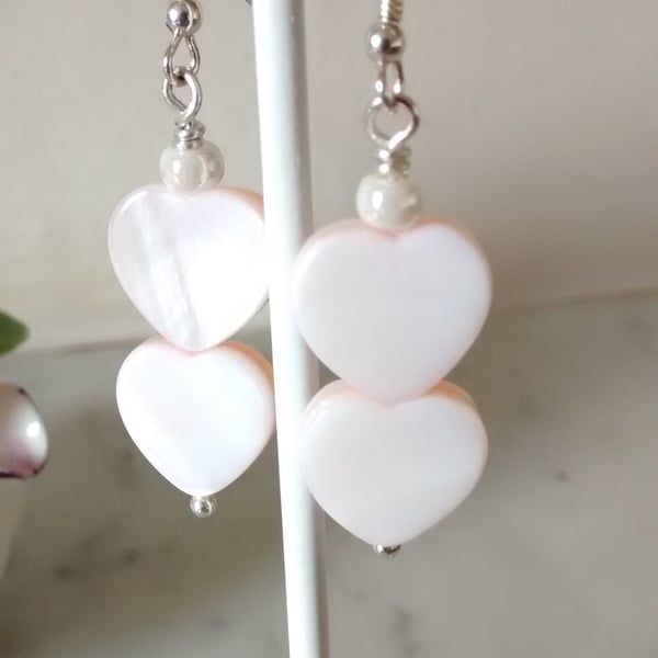 PINK  SHELL EARRINGS-  HEART EARRINGS - VALENTINE FOR HER -   FREE UK SHIPPING