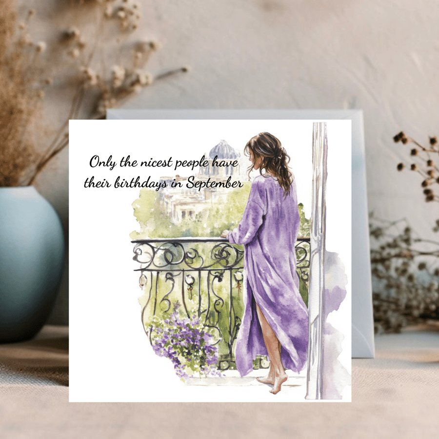 September Watercolour print greetings card for an September Birthday