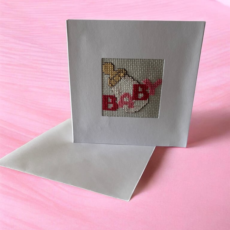 Handmade Cross Stitch New Baby Greeting Card - Blank Inside