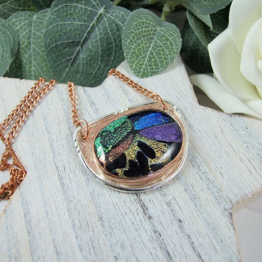 Dichroic Glass and Copper Abstract Necklace. Artisan Pendant