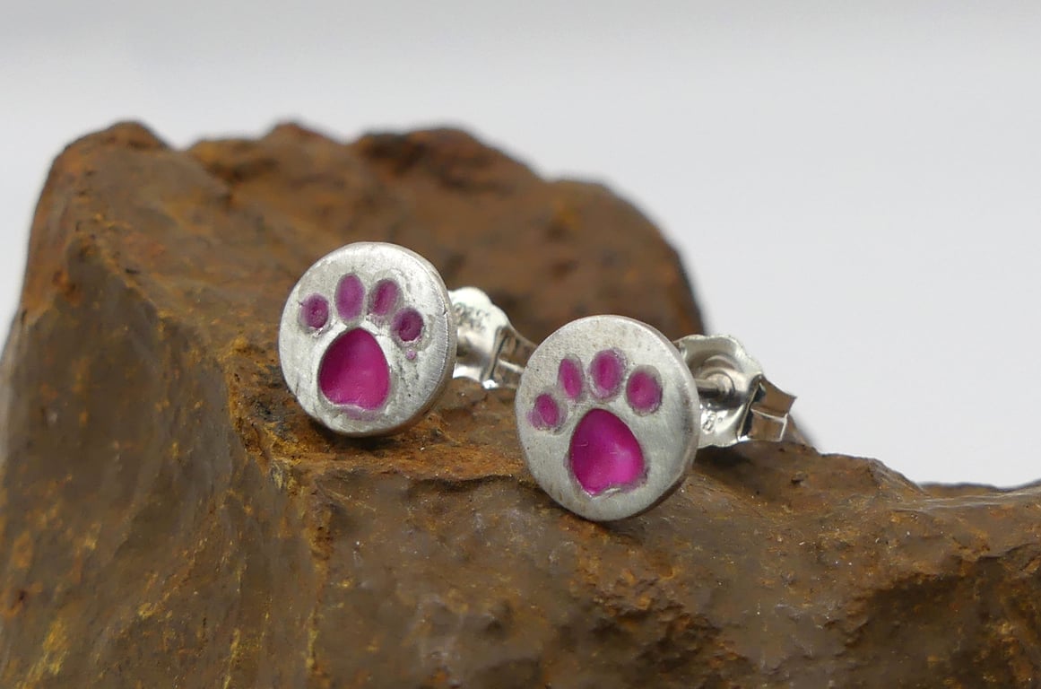 Recycled Sterling Silver Pawprint Stud Earrings with a Pink Patina.