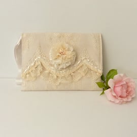 Shabby chic wedding clutch, wristlet bag, cream lace