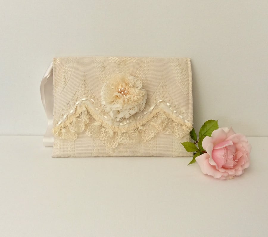 Shabby chic wedding clutch, wristlet bag, cream lace