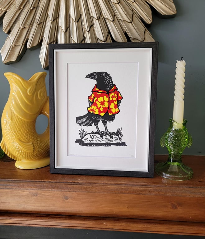 The Aloha Crow - handmade linocut bird art print