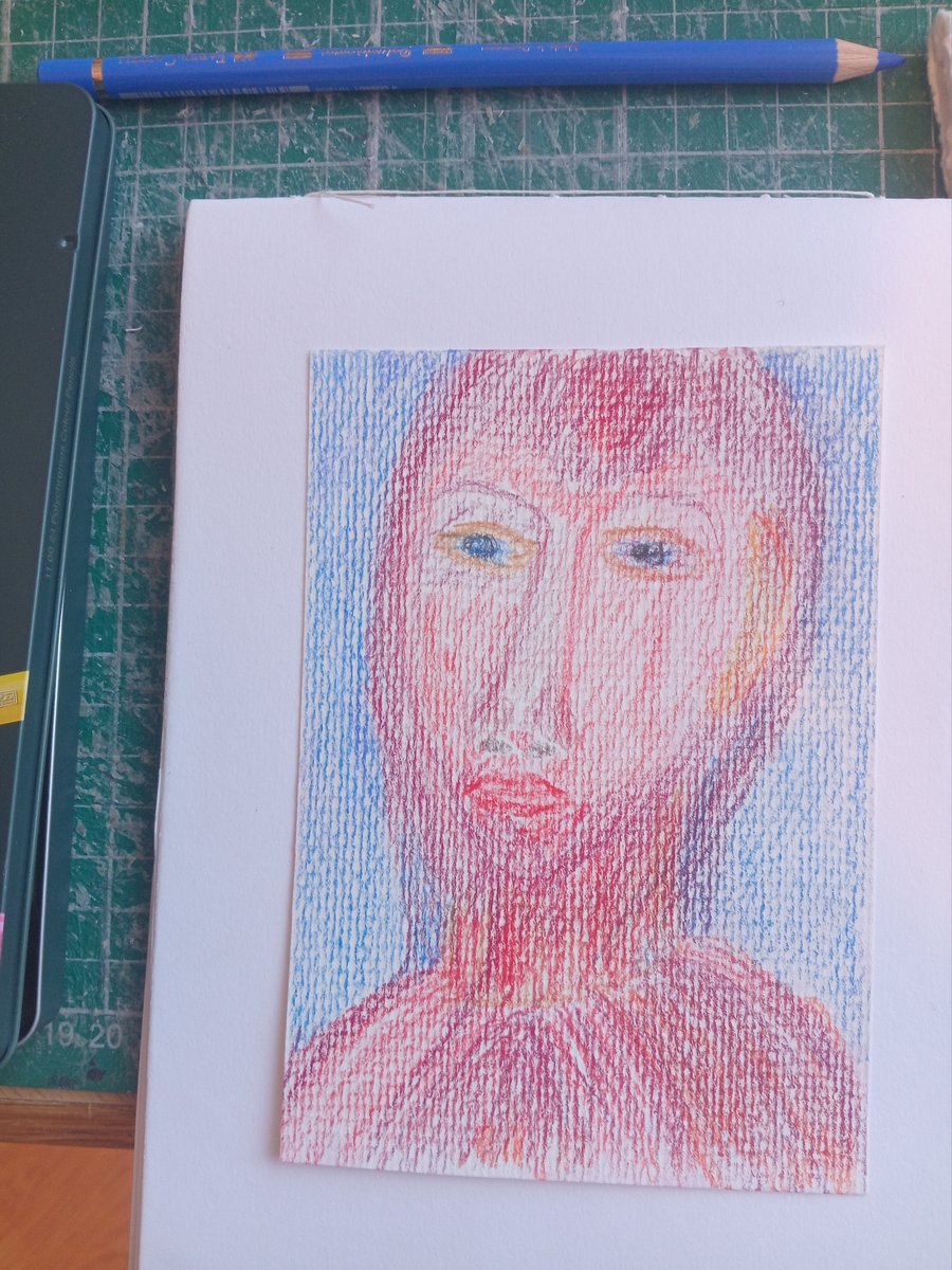 Original drawing outsider expressionist style coloured pencil drawing A6 size