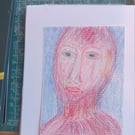 Original drawing outsider expressionist style coloured pencil drawing A6 size