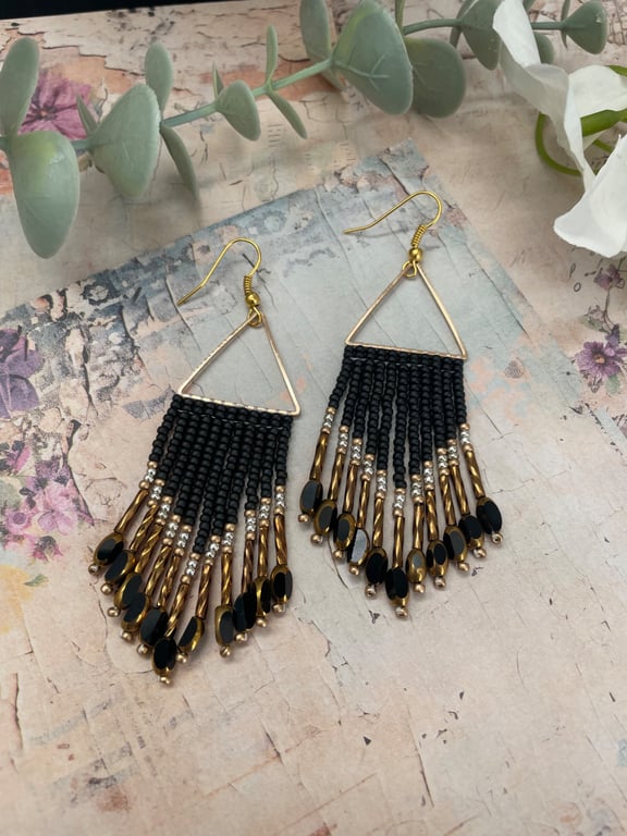 Black & Gold Statement Beaded fringe geometric earrings, elegant gift for her, 