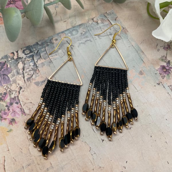 Black & Gold Statement Beaded fringe geometric earrings, elegant gift for her, 