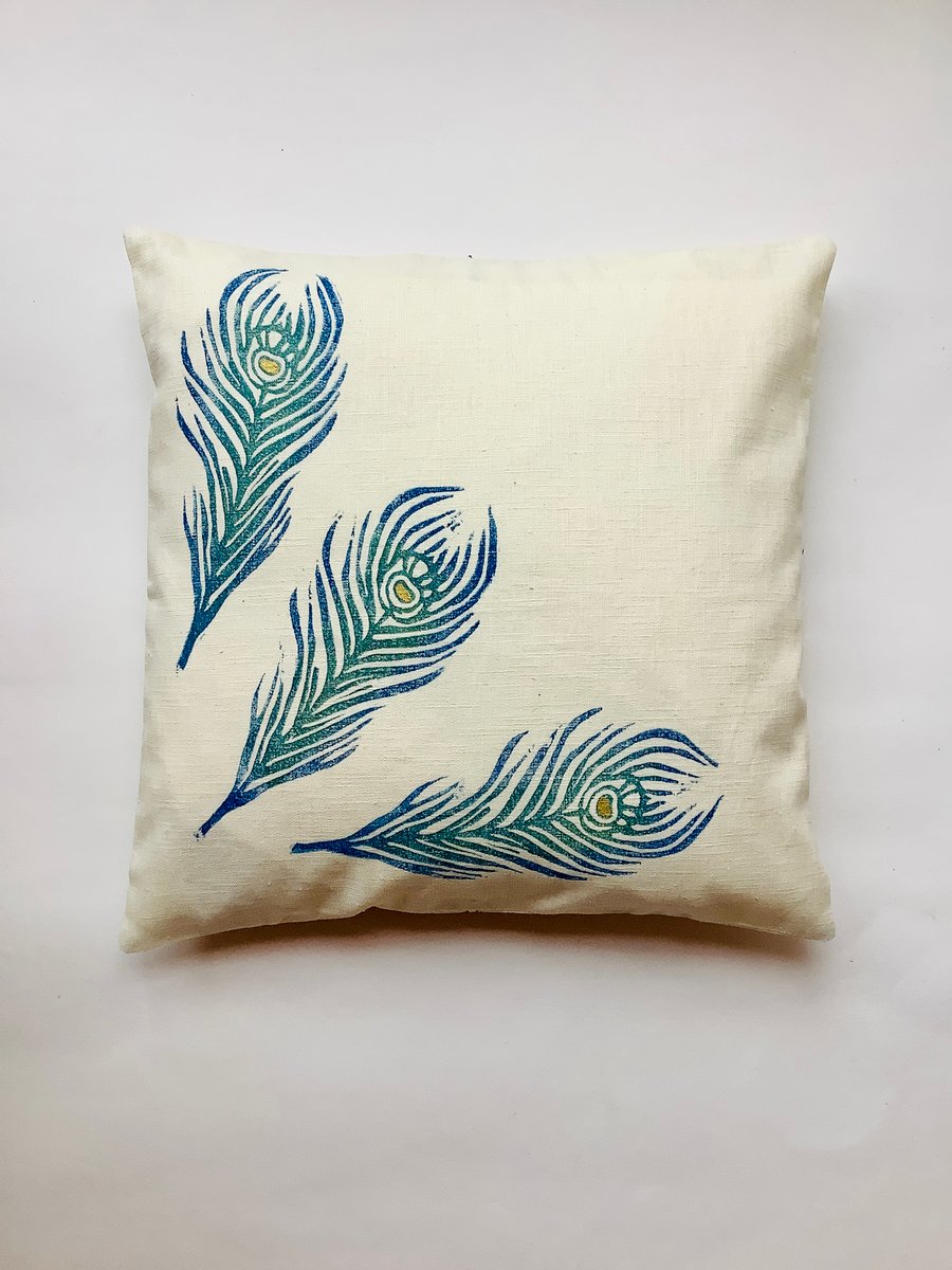 Cream Large Peacock Feathers linen cushion cover