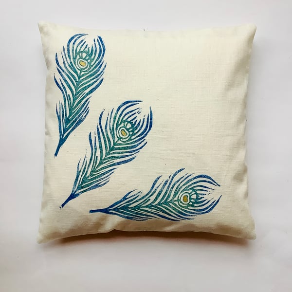 Cream Large Peacock Feathers linen cushion cover