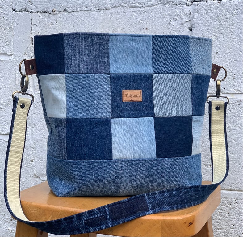Recycled denim patchwork, bucket bag