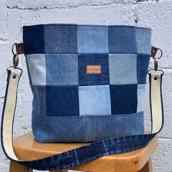 Recycled denim patchwork, bucket bag