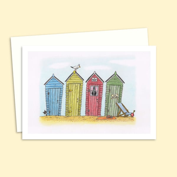 Seaside Beach Huts Greeting Card - Traditional Summer Holiday Illustration (807)