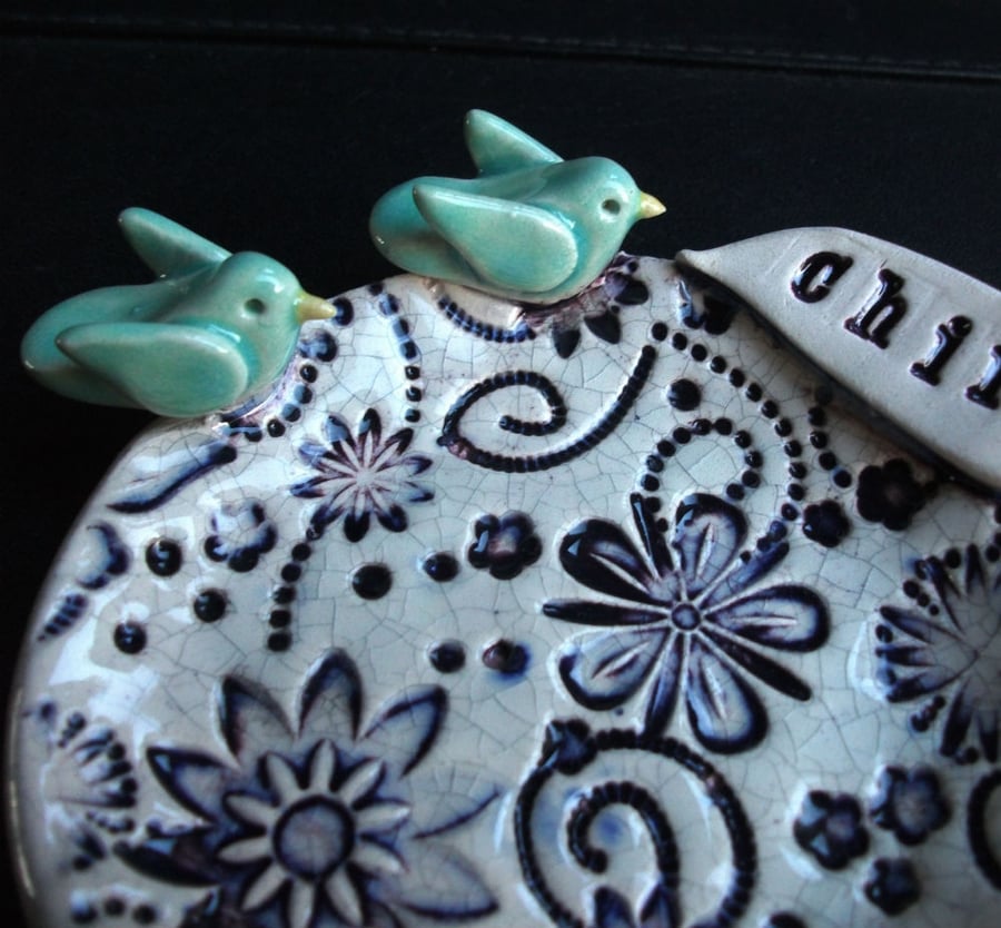 tiny purple ceramic bird dish chirp