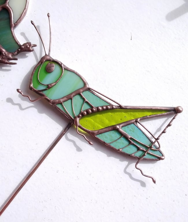 Stained Glass Grasshopper Plant Decoration - handmade in Hampshire