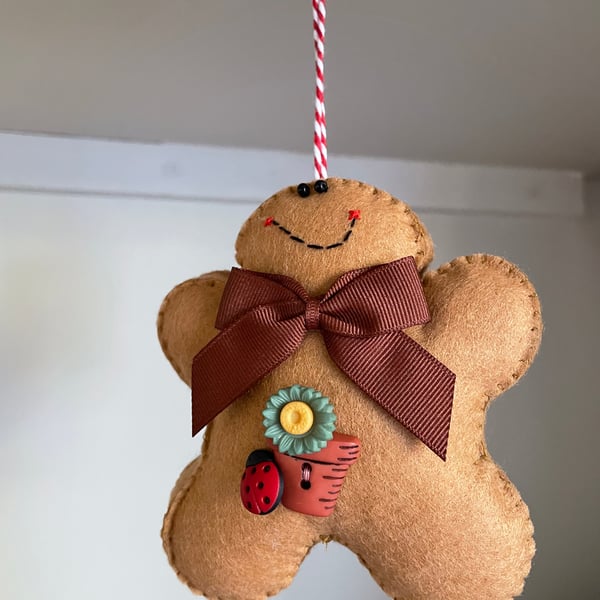 Green Flower Felt Gingerbread Man Decoration
