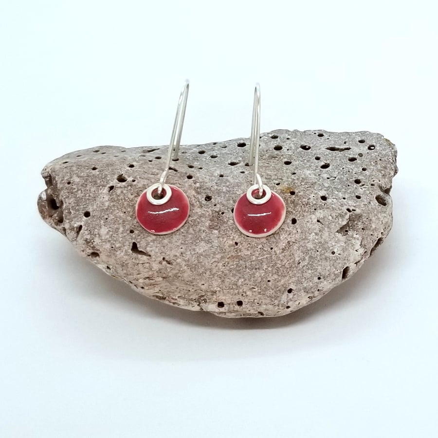 Earrings Ceramic Drop Fuchsia Pink Glaze, Sterling Silver 3 UK Post