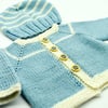 Hand Knitted baby cardigan and hat set in blue and white Newborn