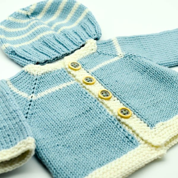 SOLD Hand Knitted baby cardigan and hat set in blue and white Newborn
