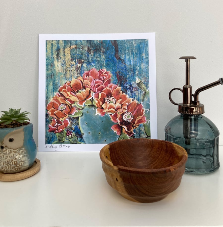 8"x8" Prickly Pear Cactus in bloom art print on paper