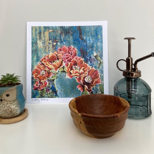 8"x8" Prickly Pear Cactus in bloom art print on paper