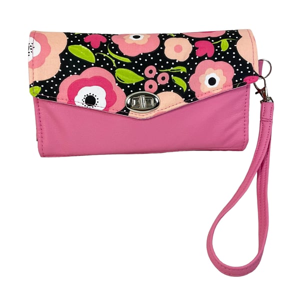 Clutch bag wristlet for phone and cards cash, small phone bag, faux leather conc