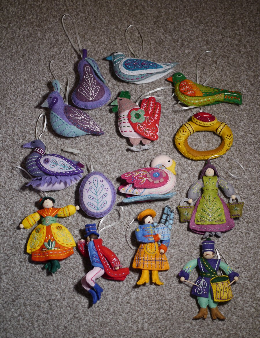 12 Days of Christmas set of ornaments. Joyous colours, Maximal Christmas.