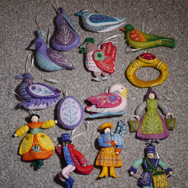 12 Days of Christmas set of ornaments. Joyous colours, Maximal Christmas.