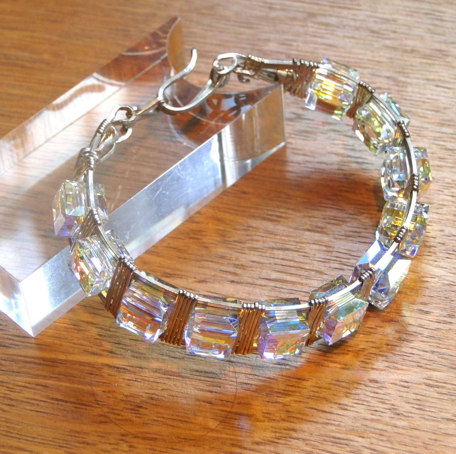 Image of A stunning wire wrapped Chrystal bracelet - Swarovski AB cubes with silver wrap