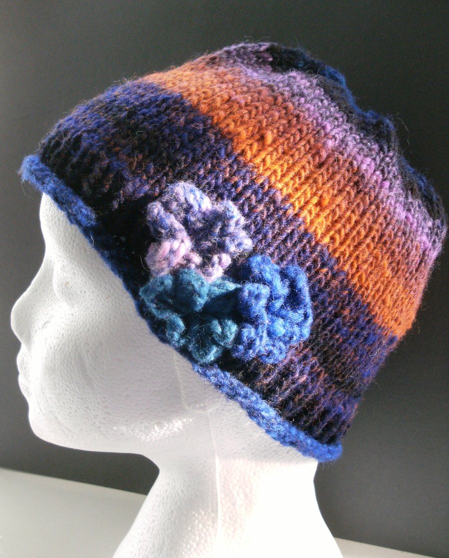 Handknit Noro 3-flowered Hat 100% wool Blue, Purple, Orange MED