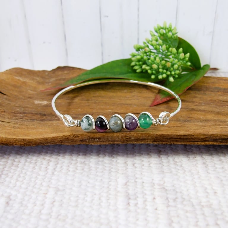 Bangle, Sterling Silver Bangle with Mixed Gemstones. Fits Size Small 19cm 