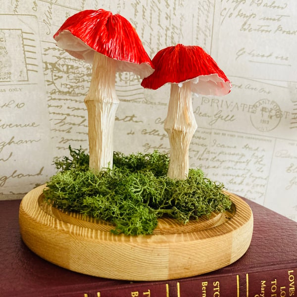 2 Red paper forest mushrooms in a glass dome 