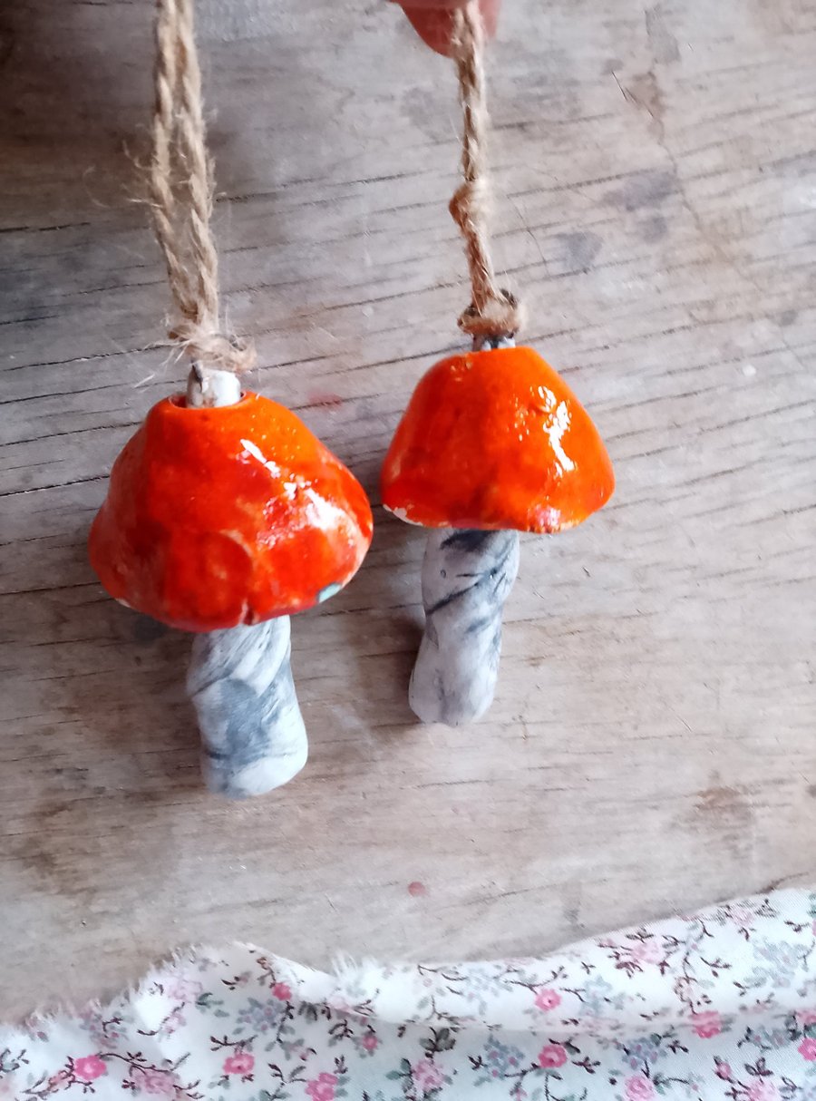 ceramic hanging mushroom bright orange small